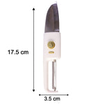 Size comparison of the 2-in-1 vegetable peeler and knife with a ruler.