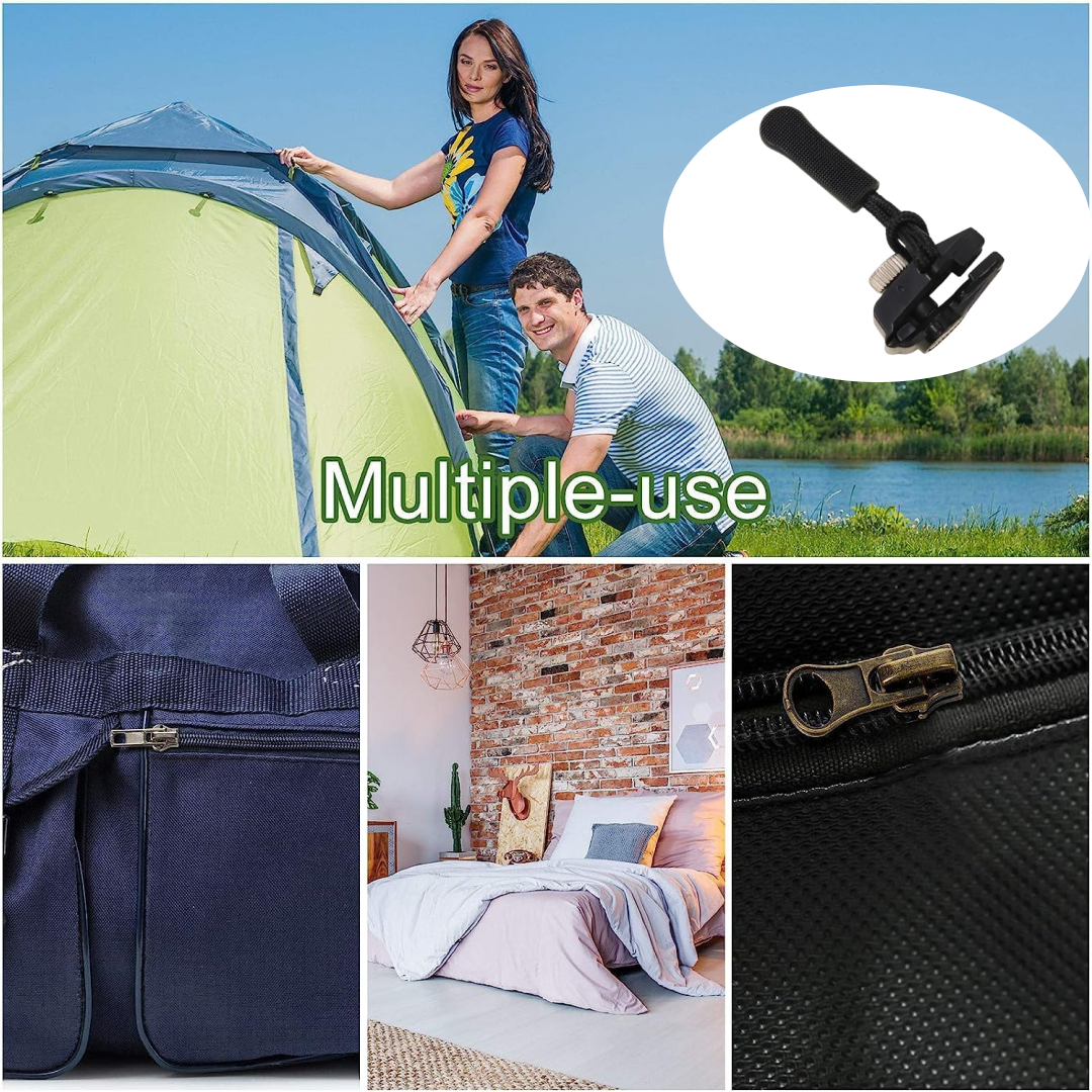 Detailed view of the detachable zipper slider's robust alloy mechanism and non-slip handle.