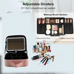 Open makeup organizer showing adjustable storage compartments and illuminated LED mirror
