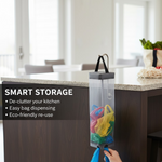 Side profile of the mesh hanging waste bag holder, highlighting its slim design.