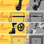 Close-up of foldable shopping cart’s wheels and strong iron frame