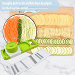 Various vegetables like carrots and potatoes being sliced and julienned by the multi-blade slicer.