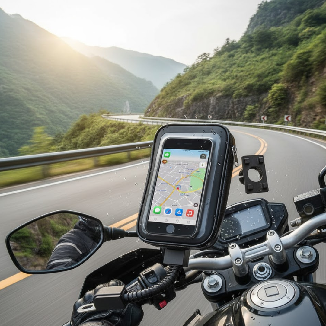 Weather-resistant bike phone holder mounted on a bicycle handlebar, showcasing its secure fit.