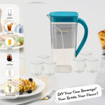 Close-up view of plastic jug with six glasses in a set