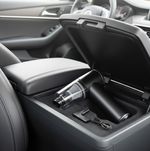 USB rechargeable car vacuum cleaner with charging cable and nozzle attachments.