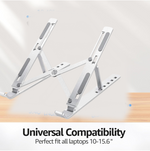 The portable laptop stand folded compactly, highlighting its travel-friendly design.