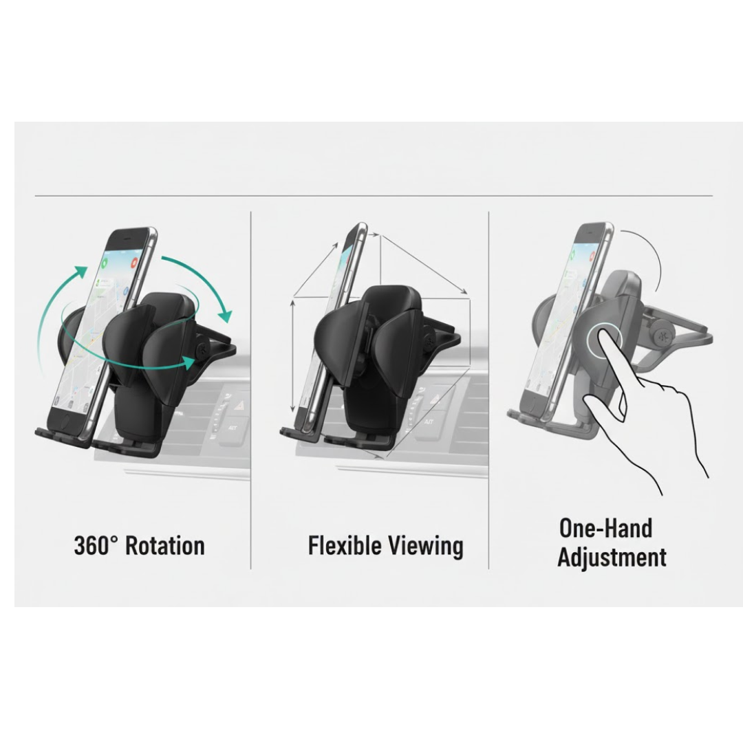 Detail view of the secure anti-fall clip mechanism of the car phone holder.