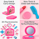 Illustration showing a child happily playing with the pretend play beauty kit.