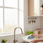 Dolfin sponge wiping down a kitchen counter, demonstrating its multi-surface capability.