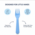 The set of five reusable plastic forks displayed against a neutral background for clear product visibility.