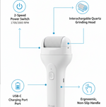 Electric foot file showing power button, speed control, and charging indicator lights