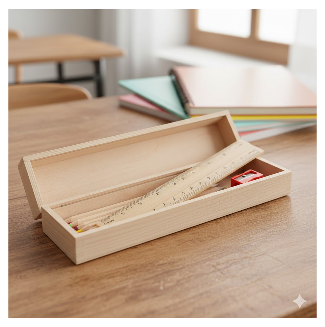 A child's hand holding a blue wooden pencil, drawing on paper, demonstrating the set's use.