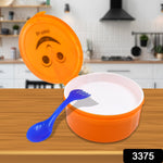 Brightly coloured school lunch box with two compartments and an integrated spoon.