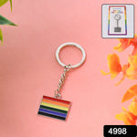 Close-up view of rainbow metal keychain highlighting its sturdy ring
