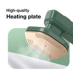 Close-up of the 2-in-1 portable iron's soleplate and water tank, detailing features.