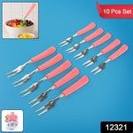 Pink-handled stainless steel mini fruit forks arranged on a platter