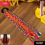 Close-up of colorful braided hair extension with tassels for traditional styling