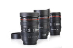 Close-up of the camera lens coffee mug with its secure, spill-proof lid.
