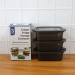 Complete three-piece set of BPA-free rectangular food storage containers.