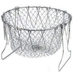The sturdy stainless steel chef basket folded flat for convenient storage in a drawer.