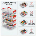 Open 4-layer transparent storage box showing multiple compartments for small items