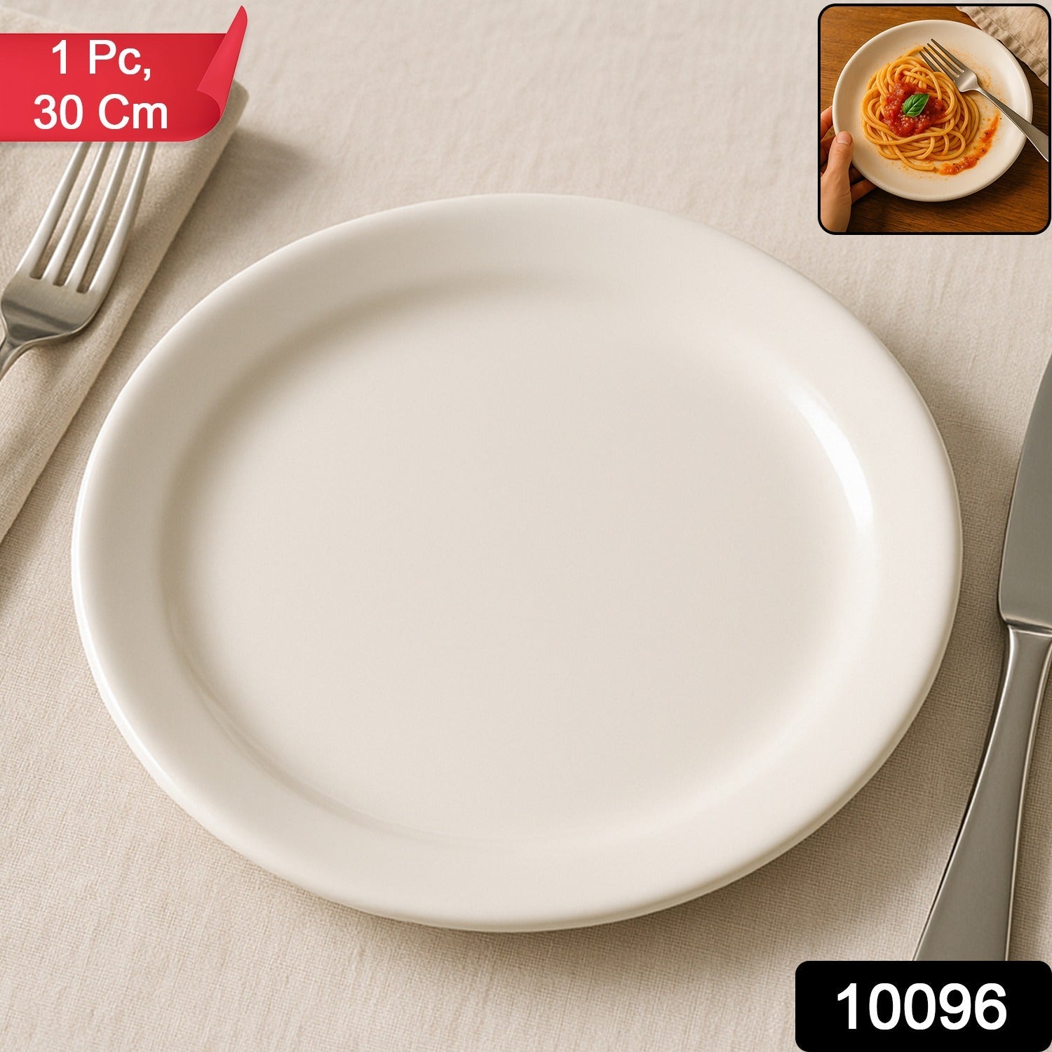 Smooth white 30 cm round plastic dinner plate suitable for meals