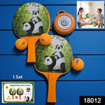 Kids indoor ping pong trainer set featuring two panda design paddles and three balls