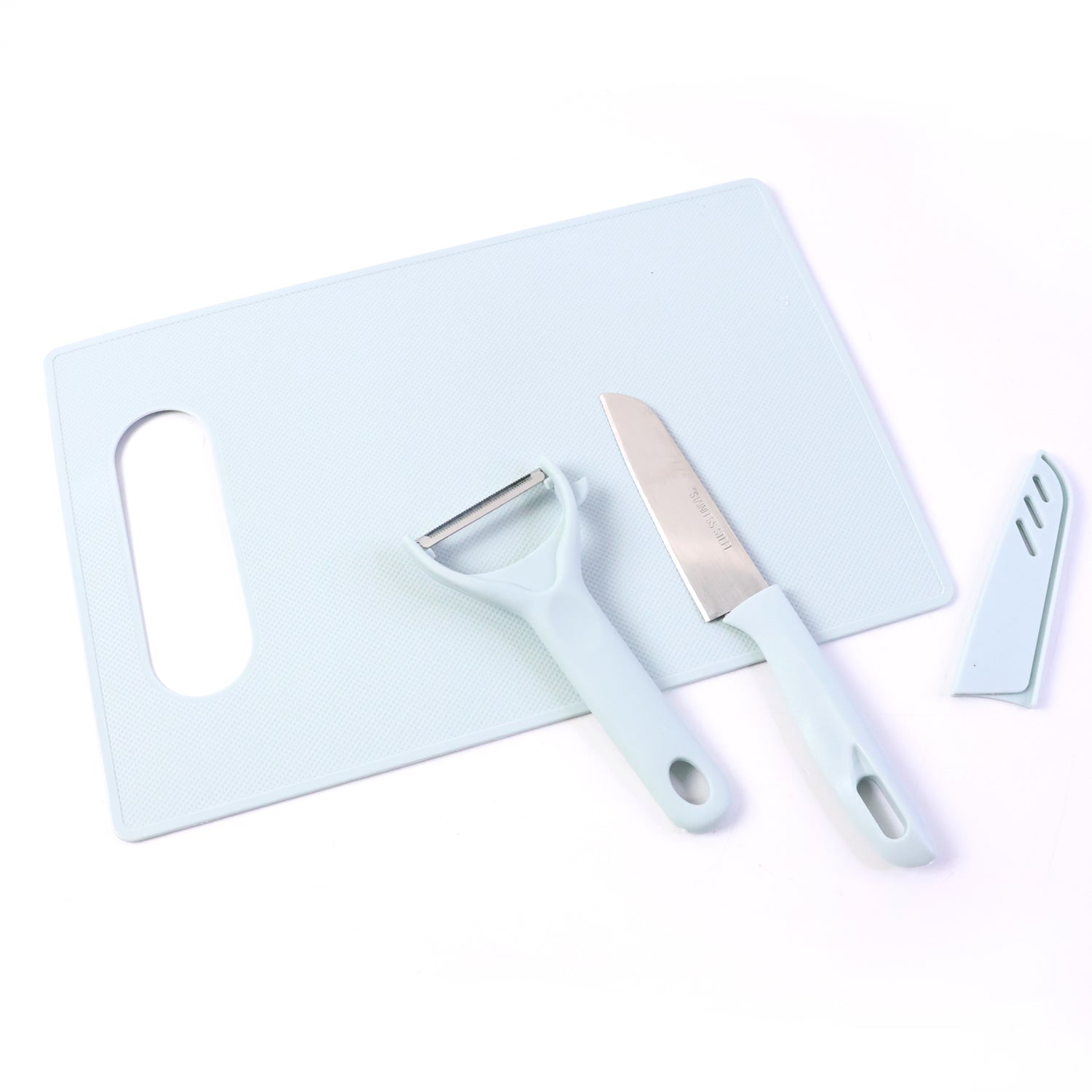 Vegetable peeler included in kitchen knife and chopping board set