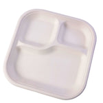 Close-up showing thick durable compartments of compostable bagasse meal plate