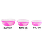 Reusable kitchen storage boxes of multiple sizes in pink and white