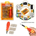 Close-up of the 32 piece magnetic screwdriver set with various bits for electronics repair.