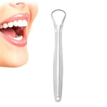 Close-up of the smooth, polished stainless steel tongue scraper.