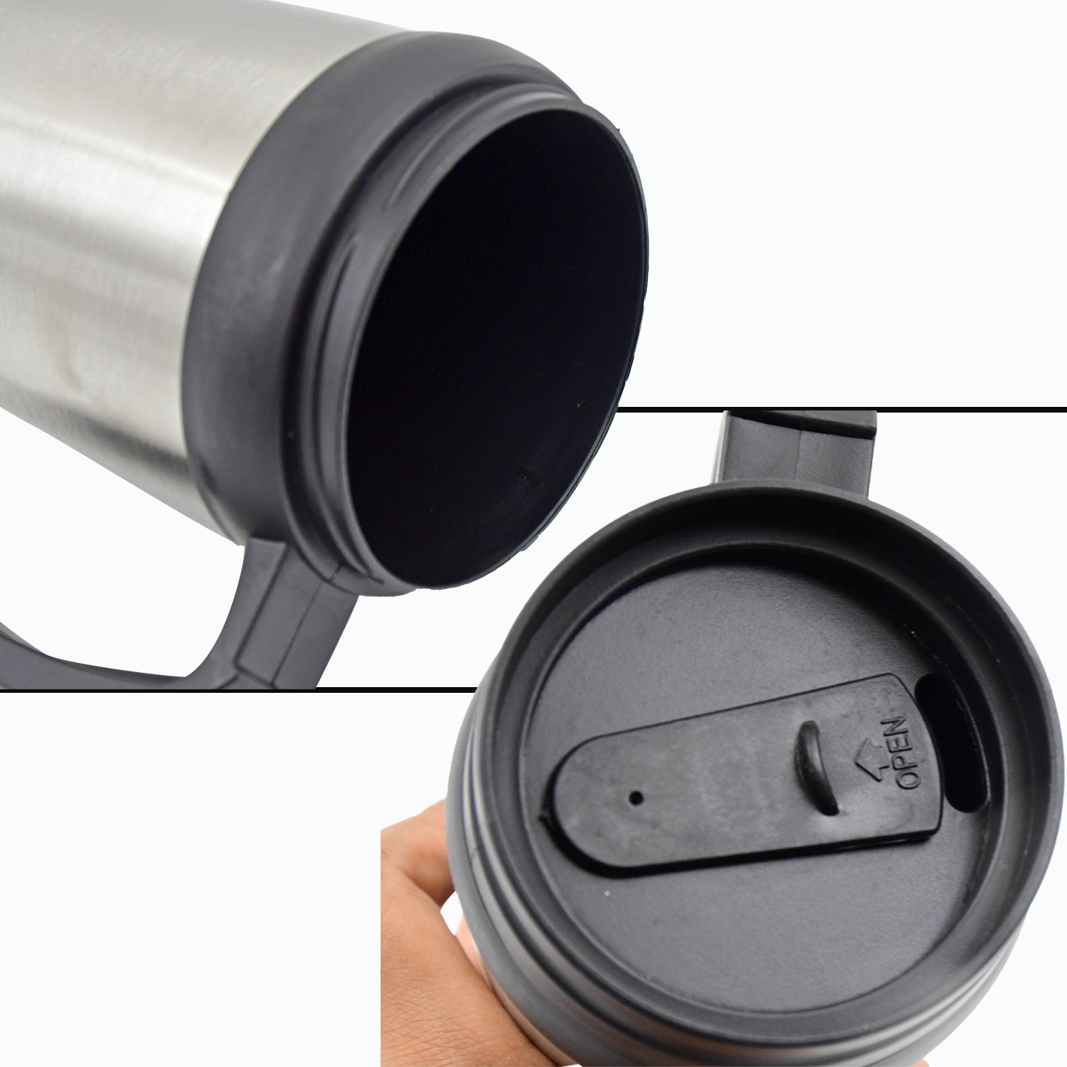 Ergonomic stainless steel insulated coffee mug.