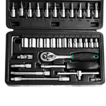 Secure blow-molded case for the RaceVault 46-piece socket set, ready for transport.