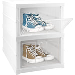 A person easily moving the stackable storage rack, demonstrating its mobility and casters.