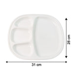 Dinner plate showing size dimensions 31x28 cm in white plastic