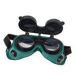 Ergonomic dark green welding goggles designed to fit comfortably over prescription glasses.