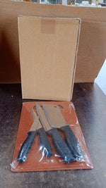 Kitchen tools including stainless steel knives and plastic chopping board for easy food preparation
