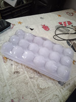 Empty 18-grid plastic egg tray, ready for fresh eggs.