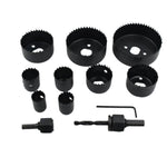Complete 12-piece hole saw kit with various carbon steel bits for wood drilling.