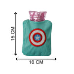Captain America hot water bag with its cover, perfect for menstrual cramp relief.
