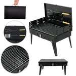 Side-by-side comparison of the folded and unfolded portable barbecue grill.