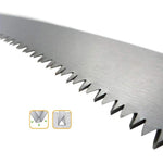 The robust folding saw handle with non-slip rubber grip.