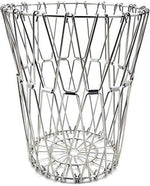 Compact foldable fruit basket in stainless steel, shown in its collapsed form for easy storage.