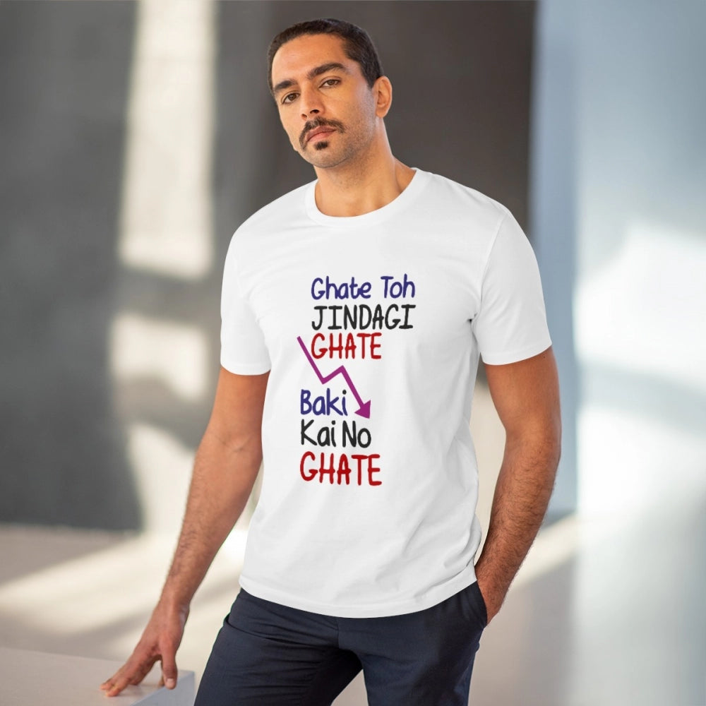 Men's PC Cotton Ghate To Jindgi Ghate Printed T Shirt (Color: White, Thread Count: 180GSM)