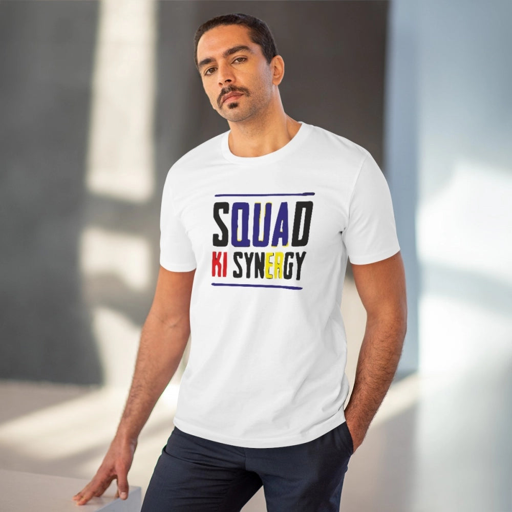 Men's PC Cotton Squed Ki Syneagy Printed T Shirt (Color: White, Thread Count: 180GSM)