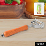 Wooden handle vegetable peeler with stainless steel blade on white background