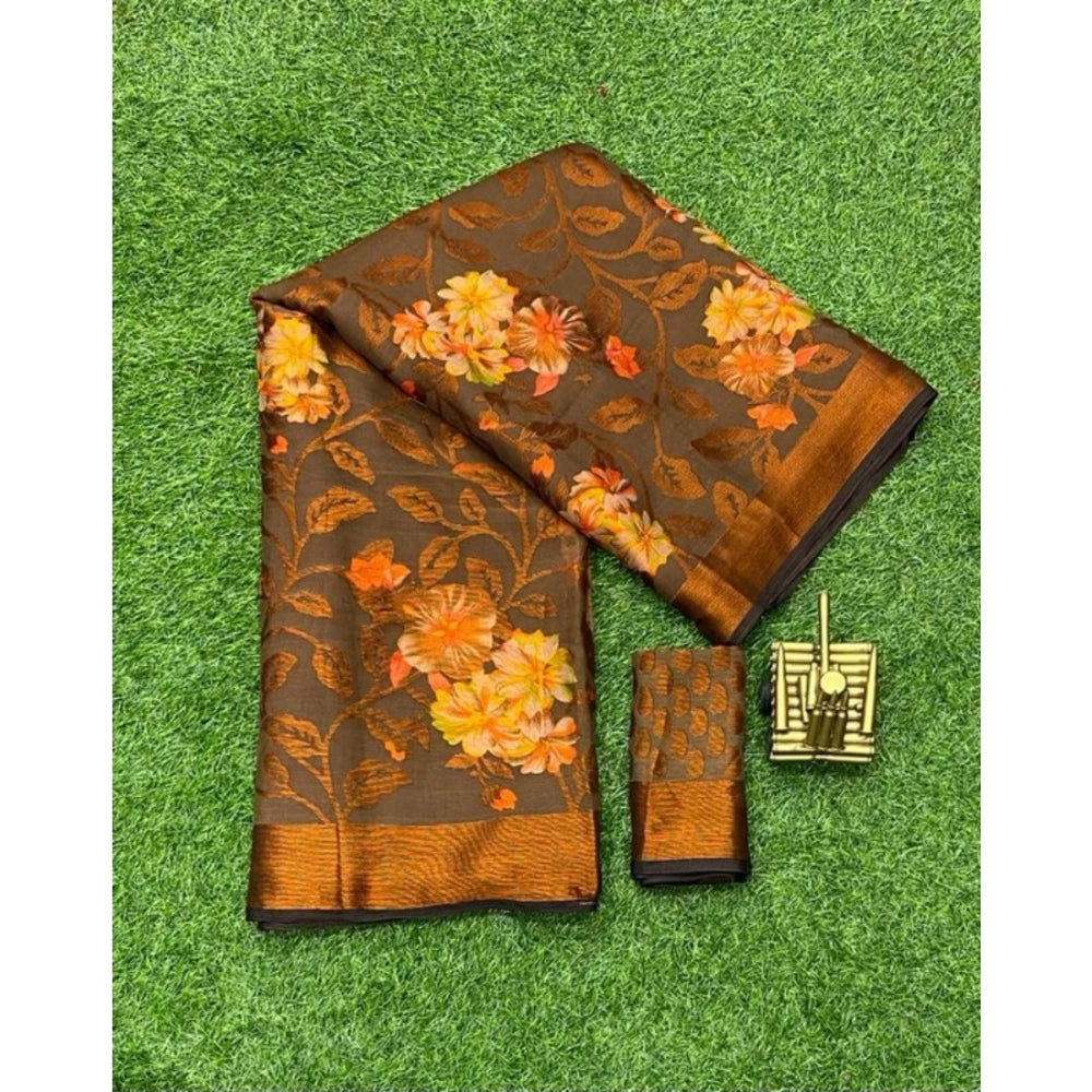 Women's Viscose Rayon Printed Saree With Unstitched Blouse (Brown)