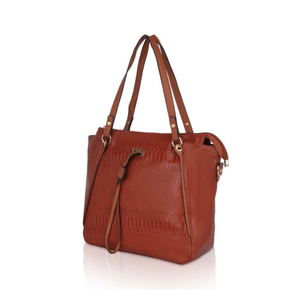 Women's Faux Leather Textured Tote Bag (Brown)