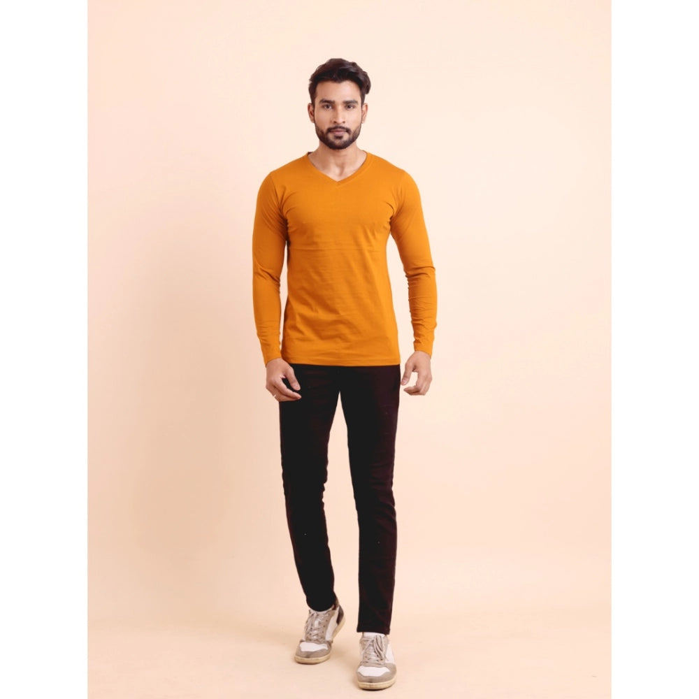 Men's Casual Cotton Solid V Neck Full Sleeve T-Shirt  (Mustard)